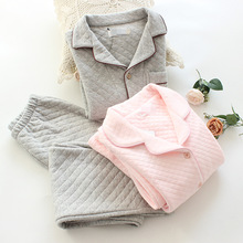 秋冬加厚情侣空气层套装全棉空气棉睡衣睡裤两件套三层夹棉纯色