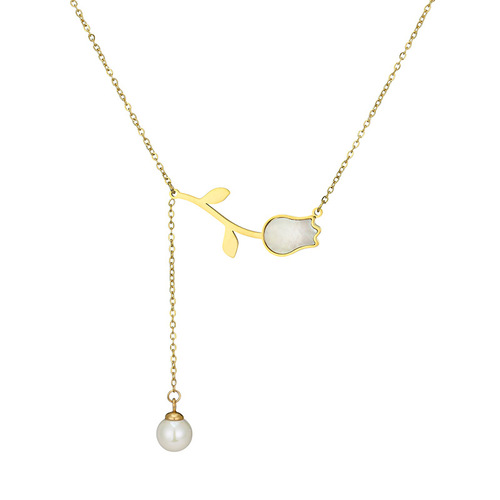 European and American fashionable and exquisite tulip titanium steel necklace pearl tassel clavicle chain ins internet celebrity same style neck jewelry