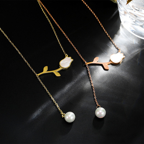 European and American fashionable and exquisite tulip titanium steel necklace pearl tassel clavicle chain ins internet celebrity same style neck jewelry
