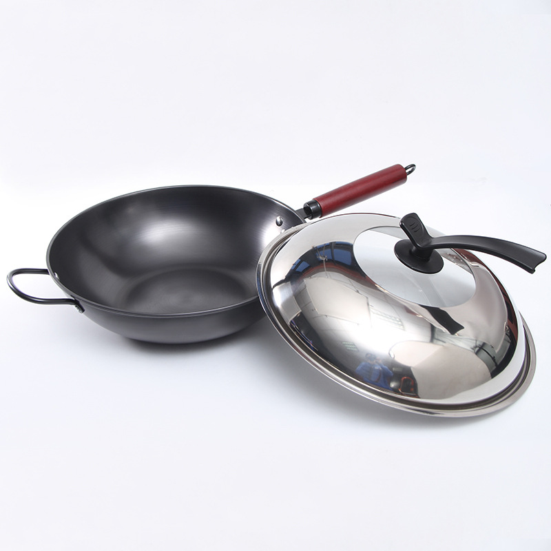 FUENTE Fábrica de hierro forjado wok sin recubrimiento hogar saludable plana universal genuino wok inoxidable al por mayor