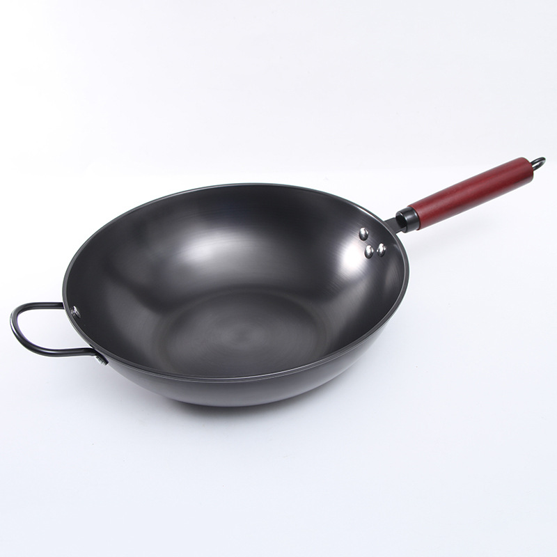 FUENTE Fábrica de hierro forjado wok sin recubrimiento hogar saludable plana universal genuino wok inoxidable al por mayor