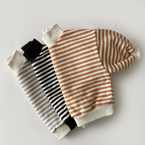 Korean style ins infant and toddler clothing striped velvet sweatshirt unisex loose fit turtleneck velvet baby top