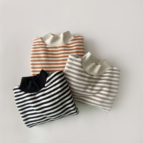 Korean style ins infant and toddler clothing striped velvet sweatshirt unisex loose fit turtleneck velvet baby top