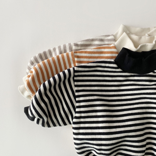 Korean style ins infant and toddler clothing striped velvet sweatshirt unisex loose fit turtleneck velvet baby top