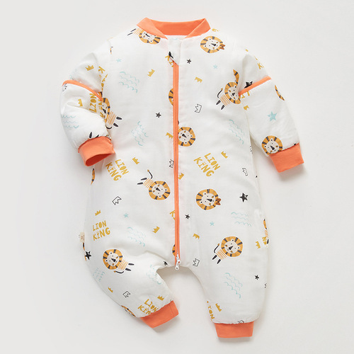 Children's sleeping bag for autumn and winter, anti-kicking, baby one-piece suit, gauze sleeping bag, winter interlayer 200g, thick leg opening baby sleeping bag