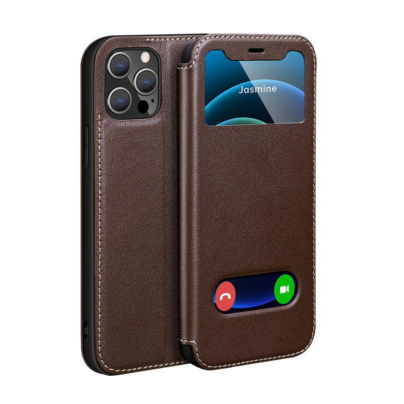 For iPhone13 Yak Genuine Leather Sunroof Mobile Phone Case Flip Business Apple 16 Pro Protective Case Business