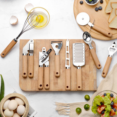 Kitchen gadgets wooden handle small kitchen utensils stainless steel egg beater miscellaneous accessories baking set pizza cheese knife