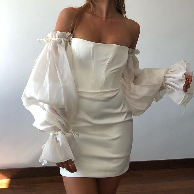 ins European and American-style New Foreign Trade Cross-border Sexy Slim-fit Lace-up Solid Color Trumpet Sleeve One-line Collar Chest Wrap Dress ins European and American-style New Foreign Trade Cross-border Sexy Slim-fit Lace-up Solid Color Trumpet Sleeve One-line Collar Chest Wrap Dress