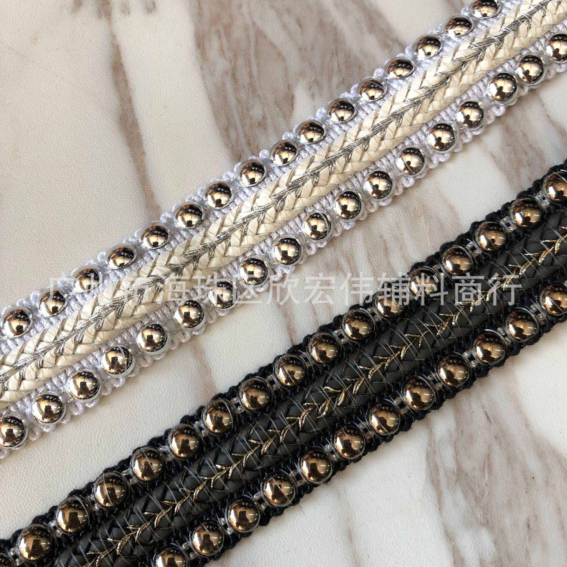 服装辅料 3cm 黑白钉珠皮质交叉鱼丝花边蜈蚣织带锯齿花边