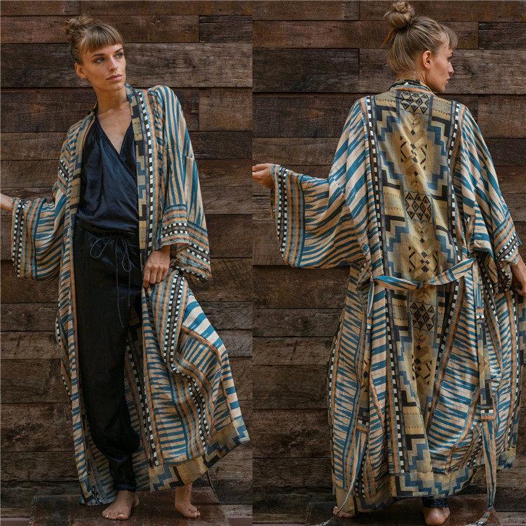 European And American Style Cotton Cardigan Sexy Printed Belt Beach Cover up Wholesale Vacation Dress Bikini Cover_ecoleips.com