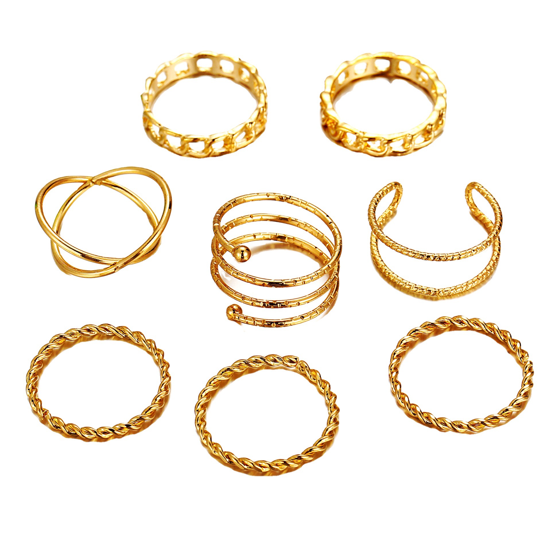 European and American Cross-Border New Creative Retro Simple Multi-Layered Cross-Opening Twist Joint Ring Set 8-Piece Set