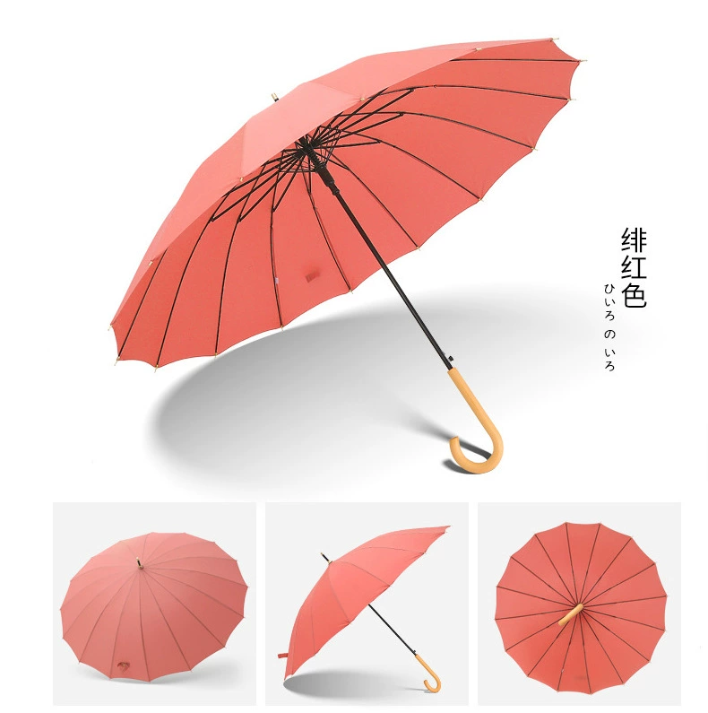 Straight Umbrella (Aila) Bamboo Handle, 16-Rib Automatic, Long Wooden Hook Handle