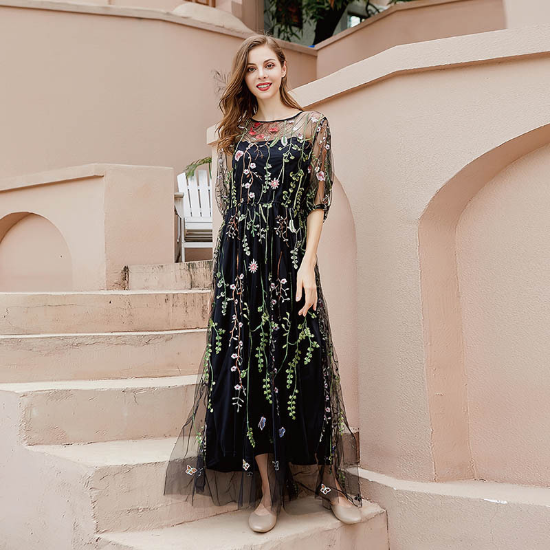 Amazon French Hepburn Style plus size dress Dress Women's Mesh Embroidered Banquet Party Dress 200 Jin