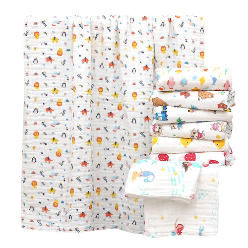 Six-layer children's quilt gauze cuddle quilt pleated cotton towel quilt seersucker bath towel cartoon print blanket 110*110
