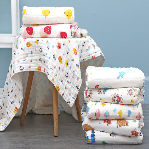 Six-layer children's quilt gauze cuddle quilt pleated cotton towel quilt seersucker bath towel cartoon print blanket 110*110