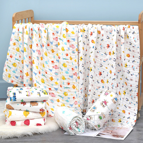 Six-layer children's quilt gauze cuddle quilt pleated cotton towel quilt seersucker bath towel cartoon print blanket 110*110