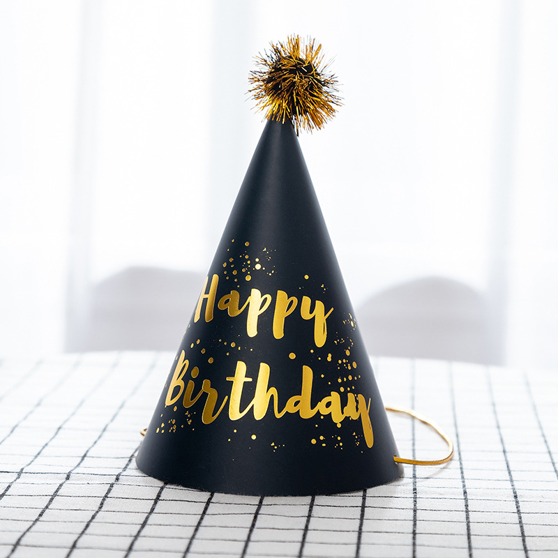 Sombrero de papel, sombrero de cumpleaños para niños de oro negro, gorra de pastel flash para adultos, gorra de bola, sombrero de fiesta, suministros de decoración