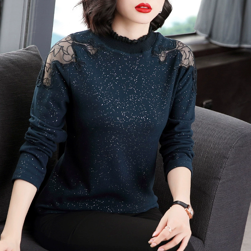 Базовая рубашка с высоким воротником, Женская Осень-зима 2023, сексуальная полая маленькая рубашка с длинным рукавом для мам среднего возраста в иностранном стиле с ярким шелковым током