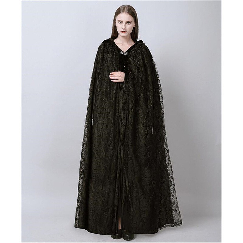 Wedding Bride witch lace mesh cloak hooded windbreaker shawl Halloween cloak costume lace-up