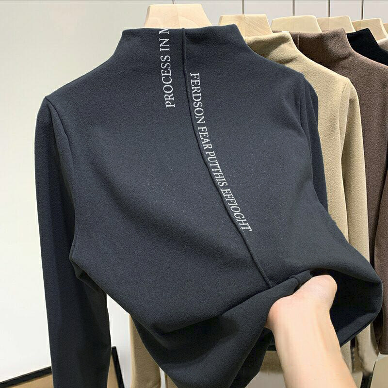 Warm bottoming shirt new tide 2023 autumn and winter half high collar velvet long sleeve T-shirt women's fashion women's clothing a generation of hair