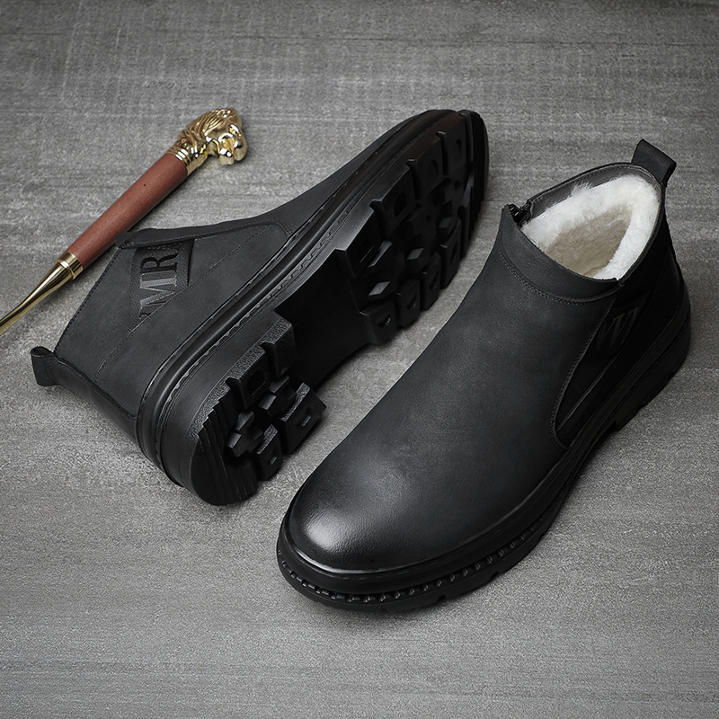 Nuevo invierno primera capa de piel de vaca de lana de los hombres zapatos de algodón forrado de lana caliente Martin botas cortas Chelsea zapatos de los hombres de moda