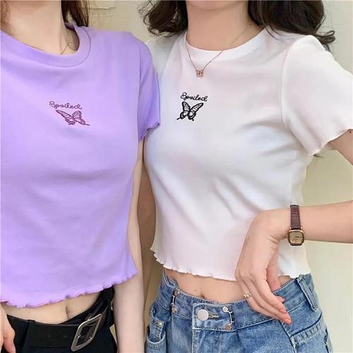 2025 Summer High-Waisted Crop-Top T-Shirt for Women, Slimming and Fashionable, Versatile Butterfly Embroidered Short-Sleeve Top for Women