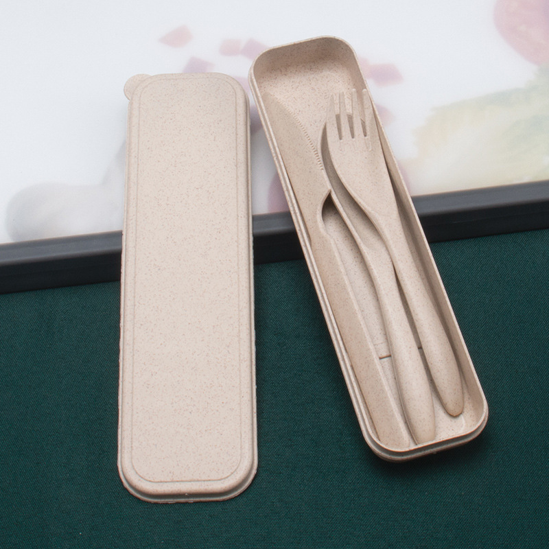 Cuchillo diario de trigo, tenedor y cuchara conjunto de tres piezas cuchillo de cena portátil de viaje para estudiantes, tenedor de fideos, cuchara de sopa 3 piezas logo