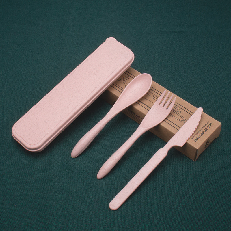 Cuchillo diario de trigo, tenedor y cuchara conjunto de tres piezas cuchillo de cena portátil de viaje para estudiantes, tenedor de fideos, cuchara de sopa 3 piezas logo