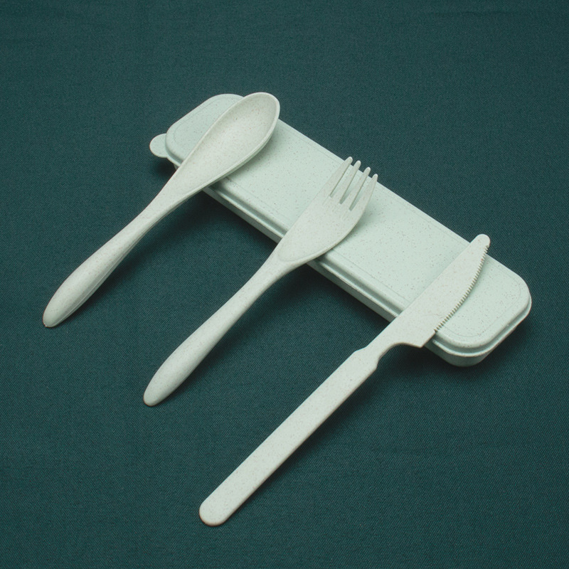 Cuchillo diario de trigo, tenedor y cuchara conjunto de tres piezas cuchillo de cena portátil de viaje para estudiantes, tenedor de fideos, cuchara de sopa 3 piezas logo