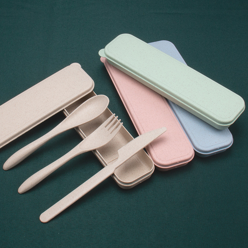 Cuchillo diario de trigo, tenedor y cuchara conjunto de tres piezas cuchillo de cena portátil de viaje para estudiantes, tenedor de fideos, cuchara de sopa 3 piezas logo