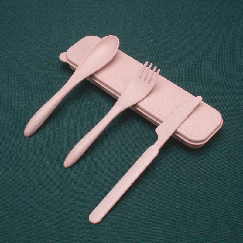 Cuchillo diario de trigo, tenedor y cuchara conjunto de tres piezas cuchillo de cena portátil de viaje para estudiantes, tenedor de fideos, cuchara de sopa 3 piezas logo