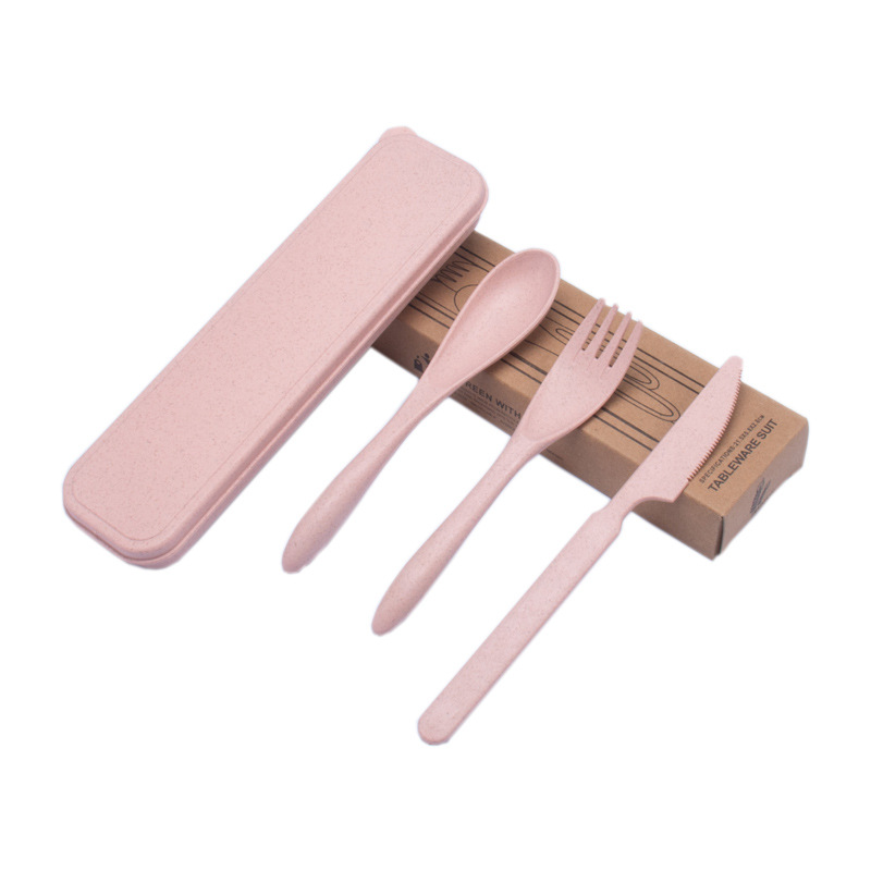 Cuchillo diario de trigo, tenedor y cuchara conjunto de tres piezas cuchillo de cena portátil de viaje para estudiantes, tenedor de fideos, cuchara de sopa 3 piezas logo