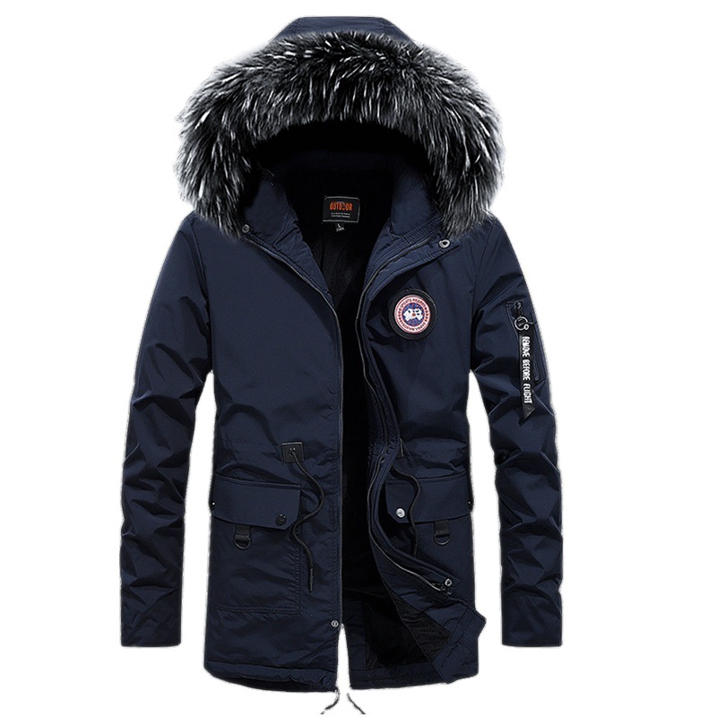 Otoño e invierno al aire libre solo ganso cálido abrigo de algodón acolchado de mediana edad para hombres ocasionales engrosado Cuello de piel de longitud media Abrigo acolchado de algodón transfronterizo Amazon