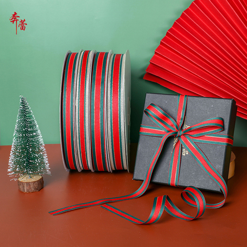 Cross-border New Christmas Ribbon Bow Red and Green Stripe Jacquard Ribbon Packaging Ribbon Gift Box Accessories Ribbon