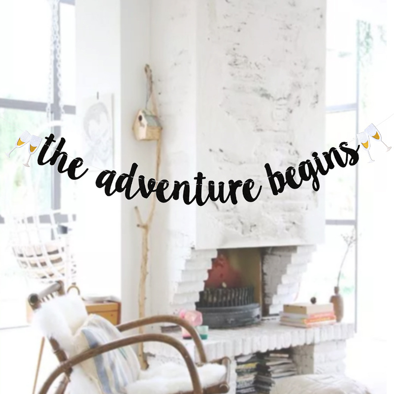 Acampar al aire libre boda vino vidrio tire bandera La aventura comienza Glitter hogar etiqueta de la pared colgante Decoración