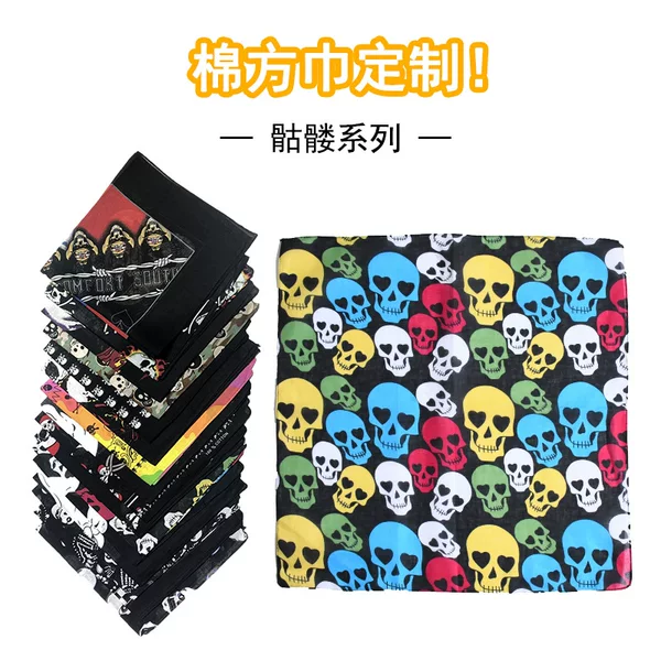 Cross-border hip hop Hip Hop Hip Hop Hip Hop skull square scarf pure cotton men and women dress up headscarf Wholesale Halloween Ghost Head printed headscarf