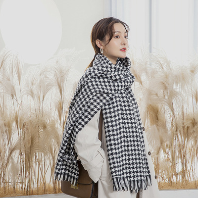 韩版经典千鸟格仿羊绒围巾女 秋冬时尚百搭保暖保暖流苏披肩围脖|ru