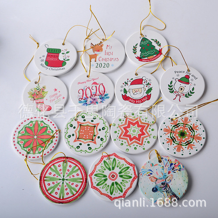 Round Christmas Tree Ceramic Pendant Pendant Embossed Hot Stamping Tag Hanging Piece Uv Printing Christmas Accessories