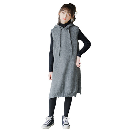 13257 Girls Dress 2020 Autumn and Winter New Korean Style Hooded Vest Dress Long Vest Knitted Sweater Dress