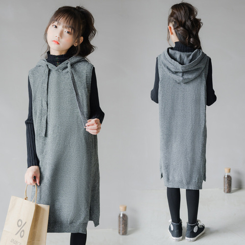 13257 Girls Dress 2020 Autumn and Winter New Korean Style Hooded Vest Dress Long Vest Knitted Sweater Dress