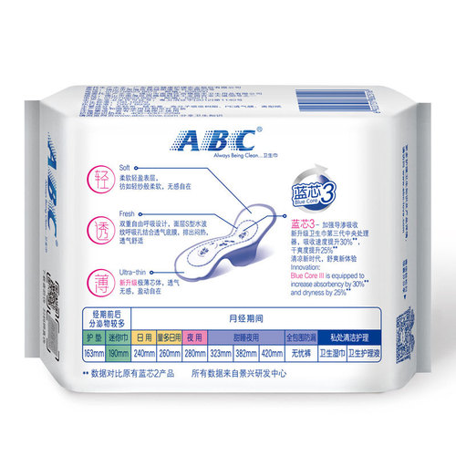 ABC sanitary napkin K53 light and thin pure cotton cool and comfortable daily use mini 190mm extended aunt napkin wholesale