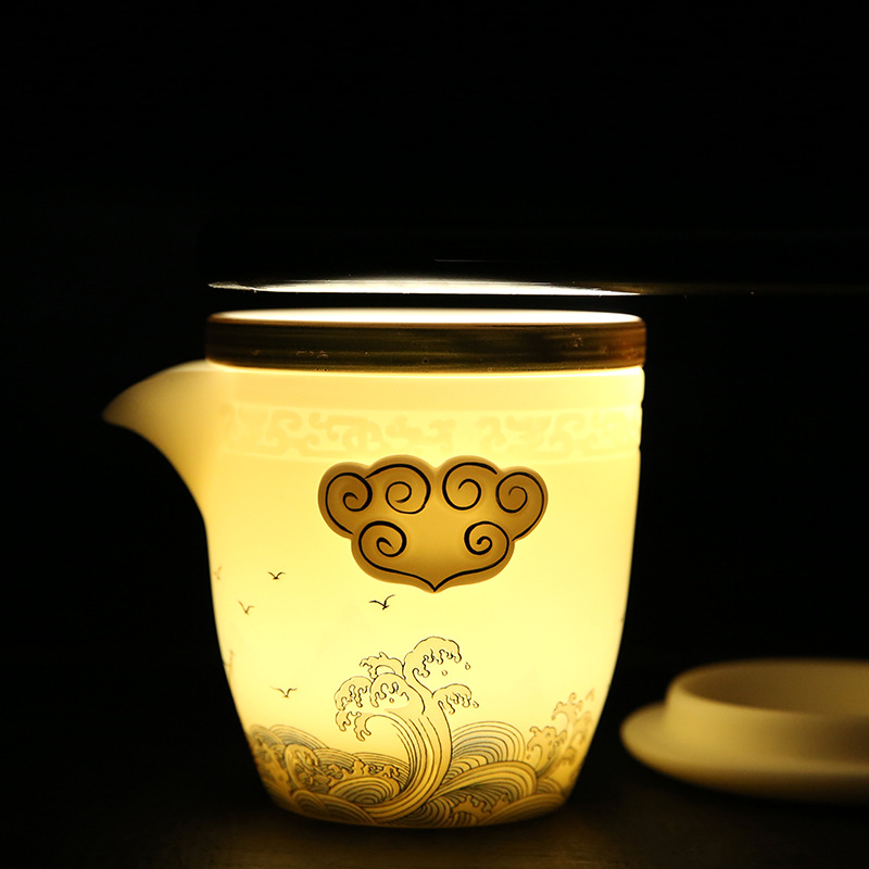 High-end plain roasted mutton fat jade porcelain quick tea set travel tea set souvenir one pot two cups outdoor kung fu tea cup