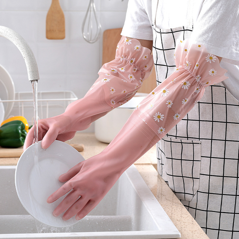 Limpieza de la cocina del hogar lavavajillas ropa guantes terciopelo engrosado alargado algodón cálido látex de goma guantes de encaje image 2