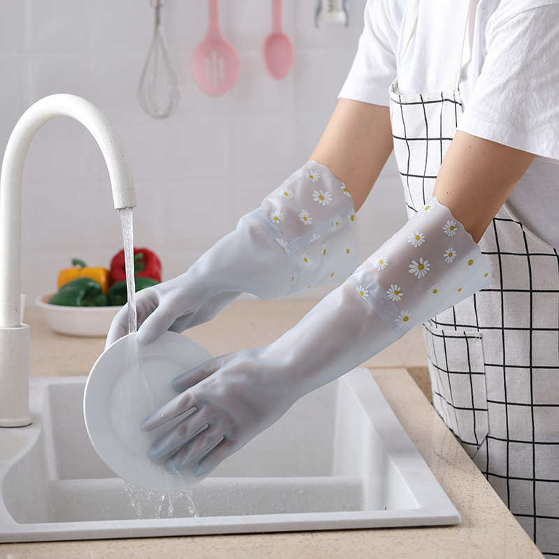 Limpieza de la cocina del hogar lavavajillas ropa guantes terciopelo engrosado alargado algodón cálido látex de goma guantes de encaje image 8