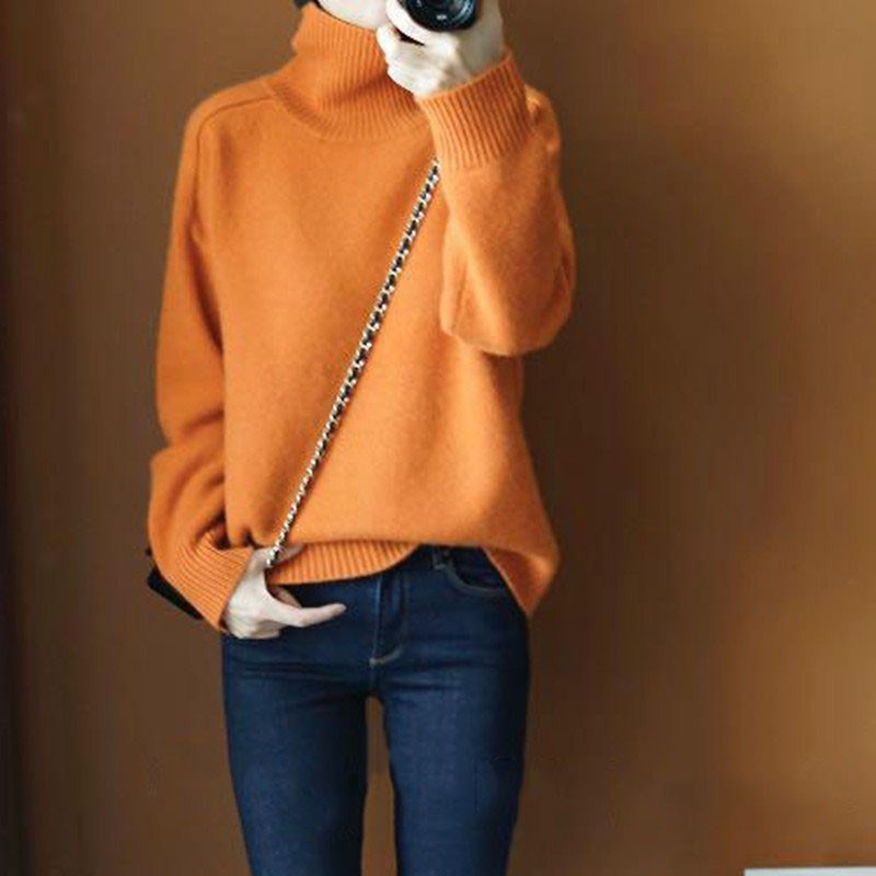 2024 venta al por mayor nuevo estilo naranja cuello alto suéter grueso mujer suelta manga corta estilo perezoso suéter de base