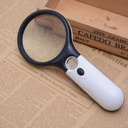 Creative racket handheld magnifying glass double mirror reading 75mm three LED light optical instrument 6902AB glass lens