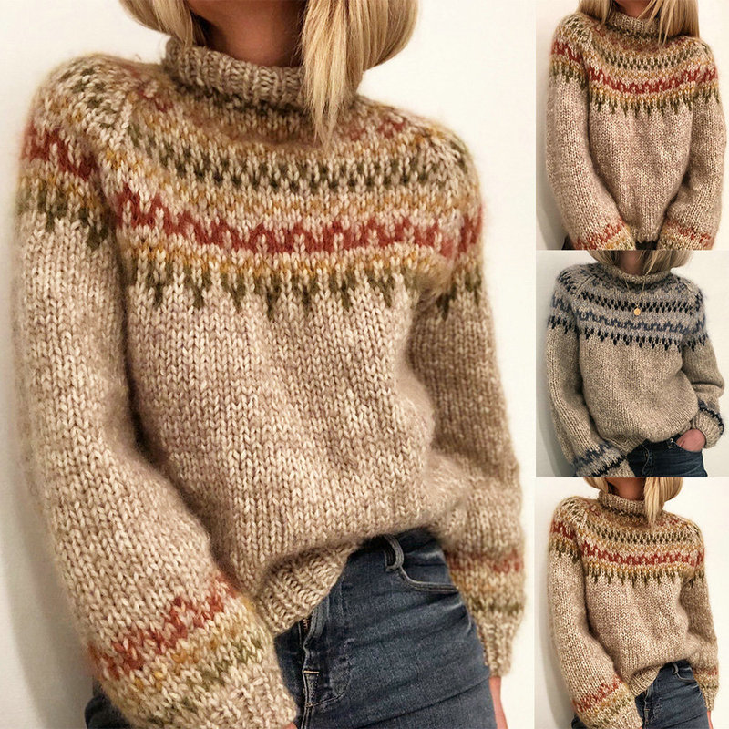 European and American Women's Winter ebay Sweater Half Turtleneck Pullover Straight Printed Neutral Style Sweater