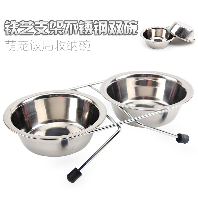 Stainless Steel Pet Bowl non-slip belt bracket dog bowl small, medium and large dog double bowl pet food utensils wholesale