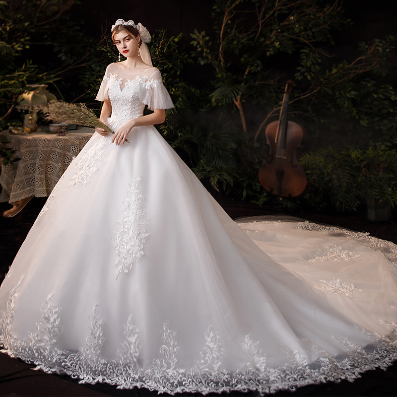 Vestido de Novia de Estilo Francés para Comercio Exterior, Modelo 2025, Nuevo, Lujoso, con Cola Larga, Cubre Brazos, Talla Grande, Venta al por Mayor, TD70