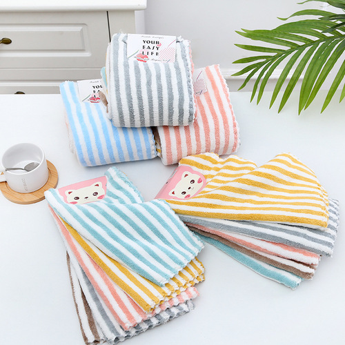 Factory Coral Fleece Stripe Towel Kitchen Absorbent Cloth Home Daily Use Comfortable Soft Hand Towel 